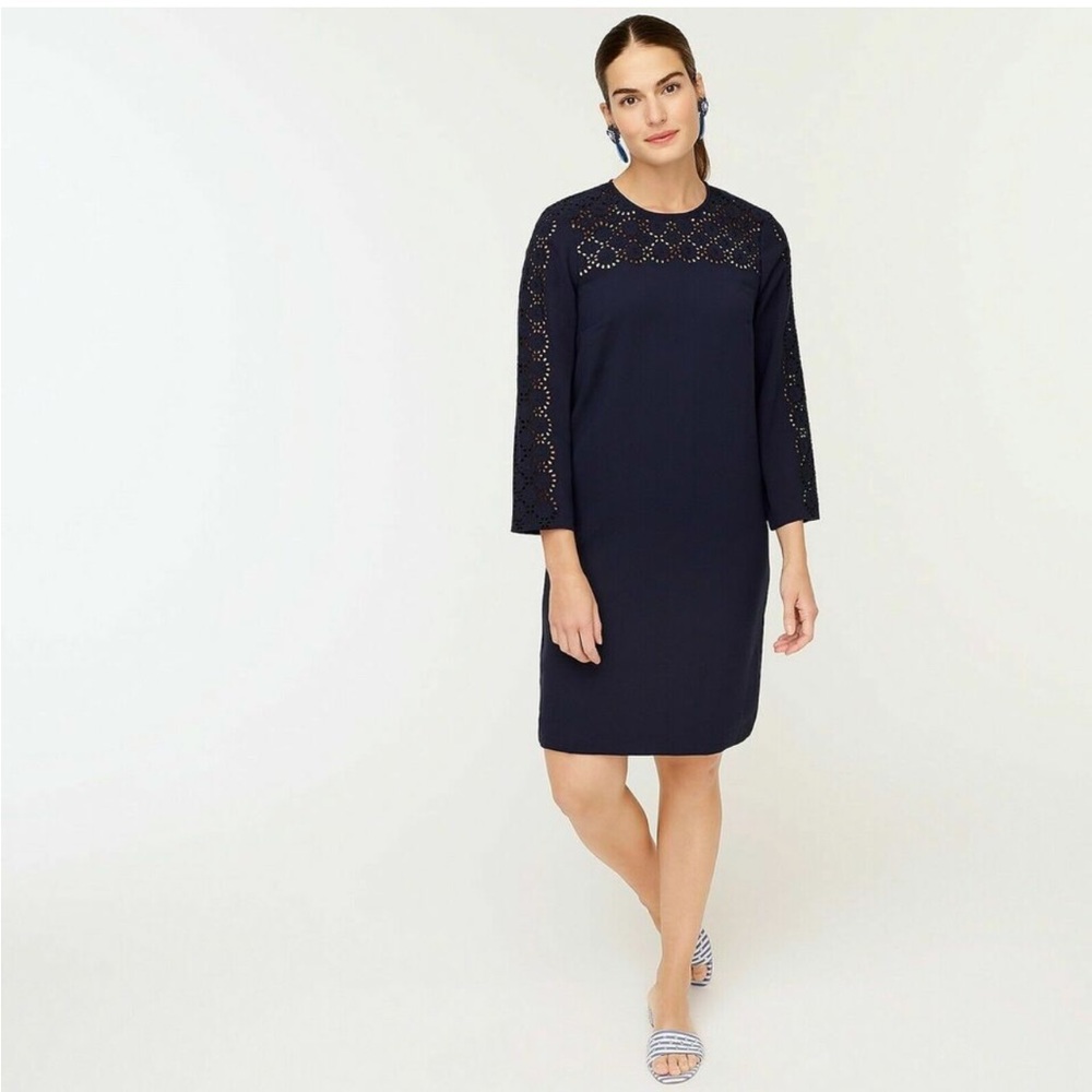 J.Crew Laser-cut eyelet shift dress 365 crepe navy size 10 #AK222 casual modest